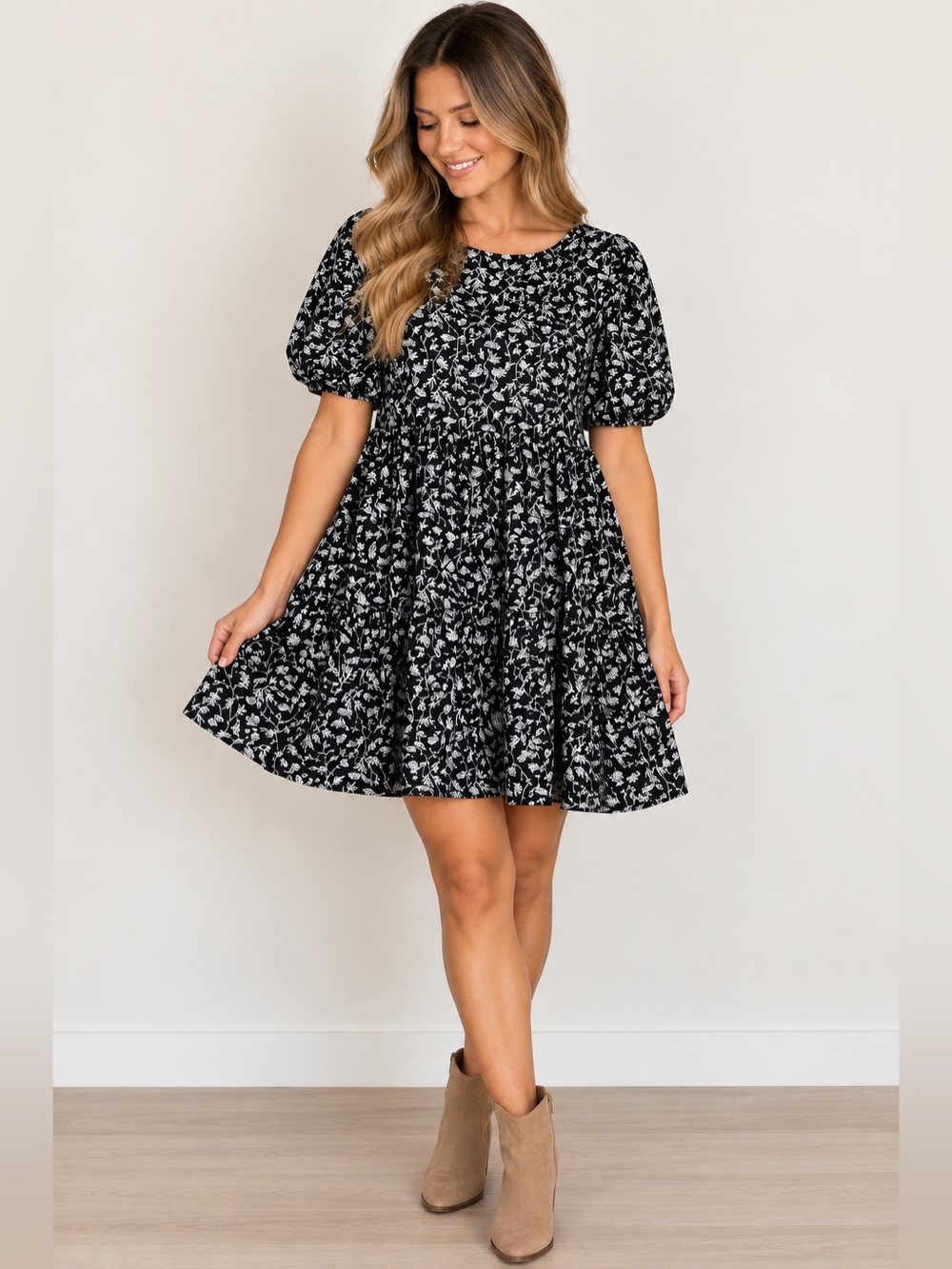 ANA A New Approach Black Floral Puff Sleeve Tiered Mini Dress S